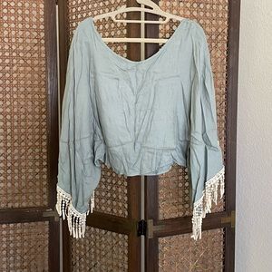 NWT Pale Blue Batwing Lace Fringe Shirt